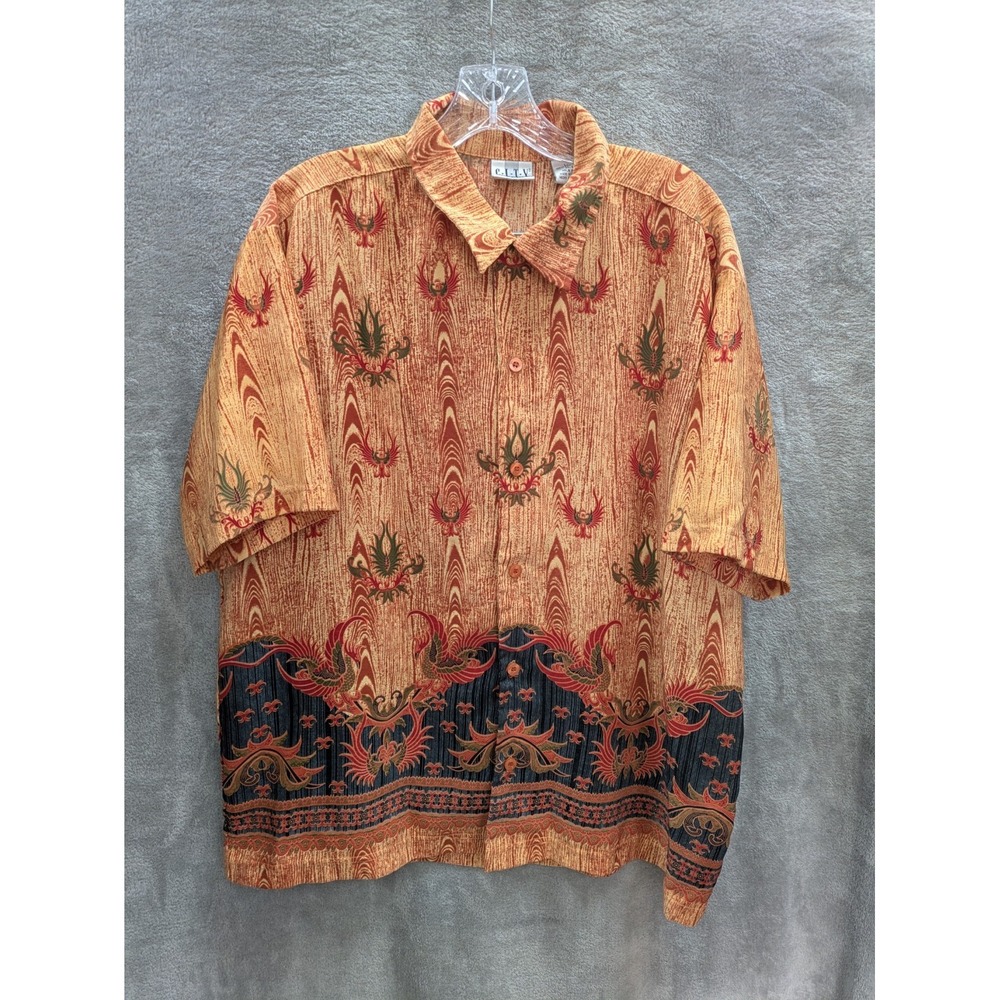 Vintage Button Up Shirt Men's Large Short Sleeve 90s Batik Print Bold Maximalism